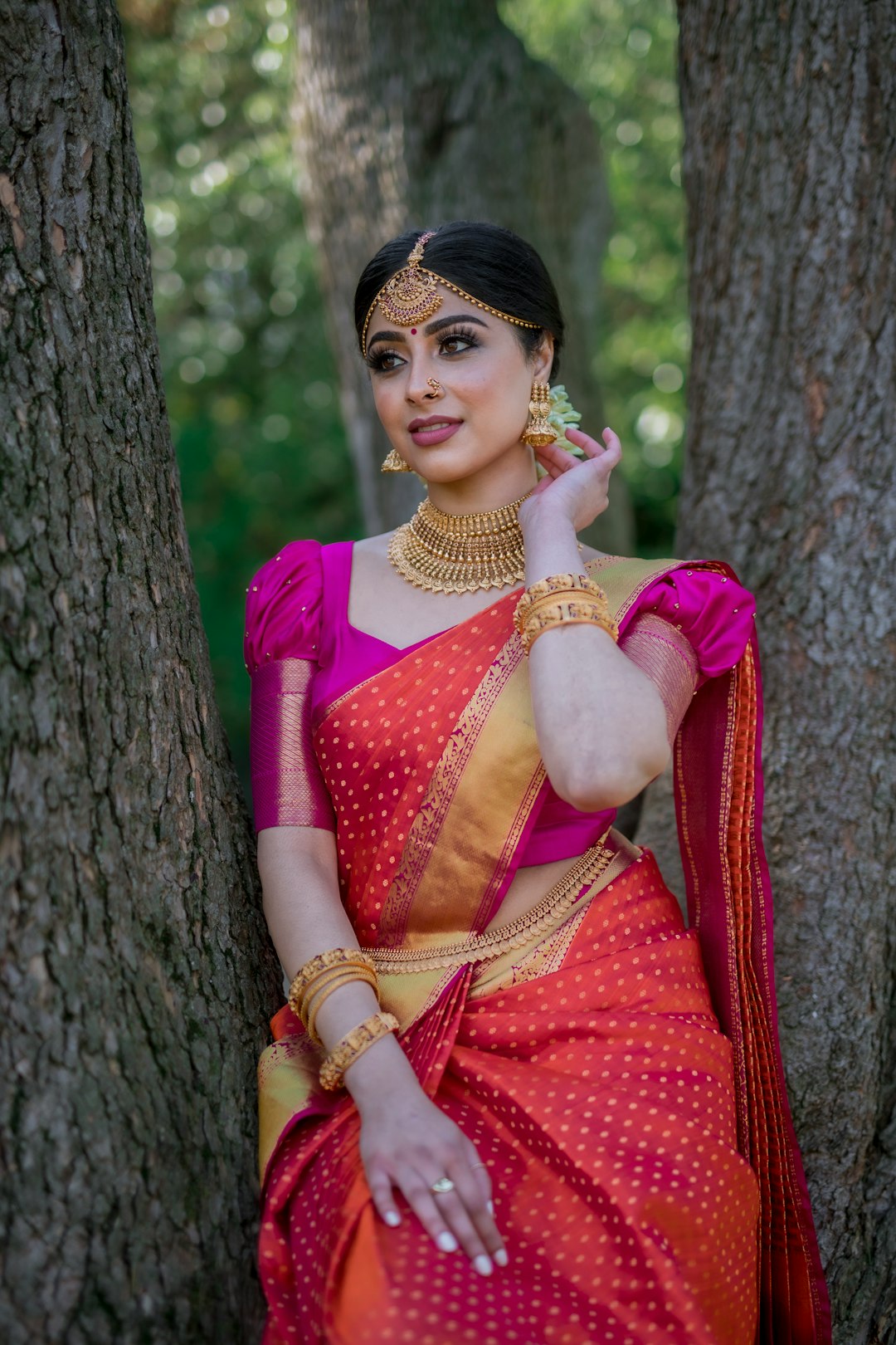A Kanchipuram and a Banarasi saree laid side by side