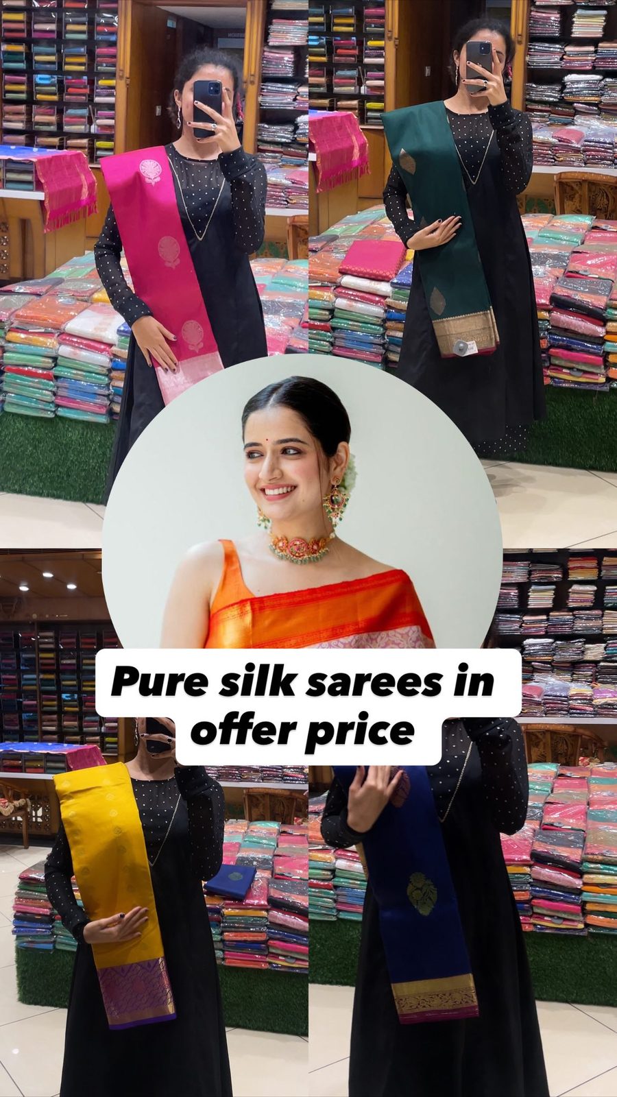 Model in a pure silk saree holding the folded body of the saree inside the Shasthas store